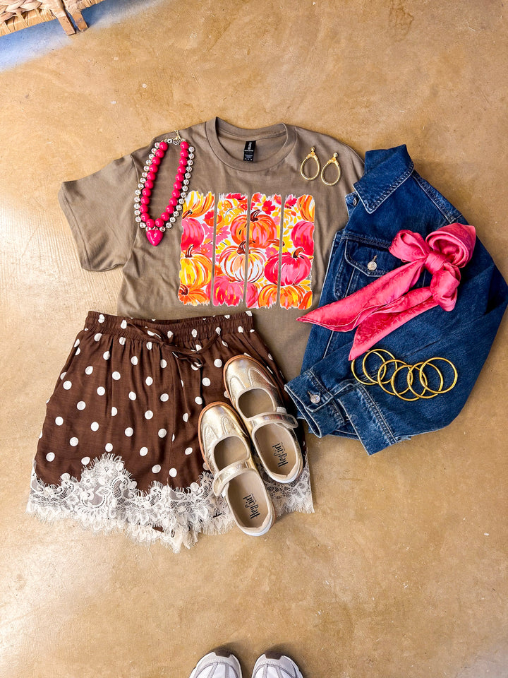 Art of the Season Painted Pumpkin and Floral Watercolor Stripes Fall Graphic Tee in Brown