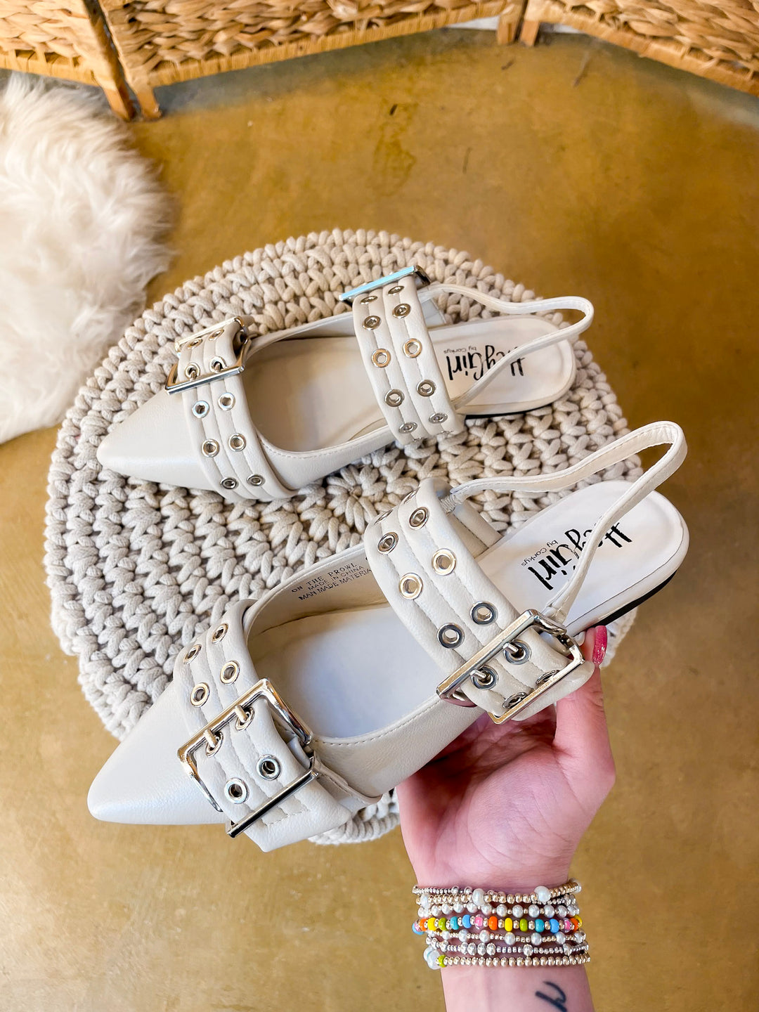 Corky's | On the Prowl Pointed Toe Buckle Slingback Mule Flat Sandal in Ivory