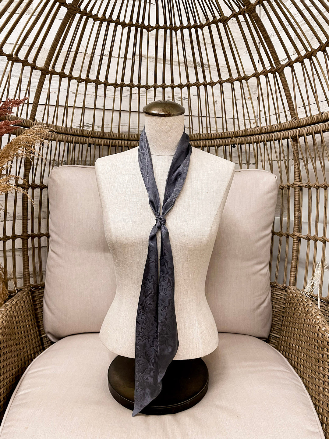 Wyoming Traders | Jacquard Print Silk Twilly Scarf in Charcoal Grey