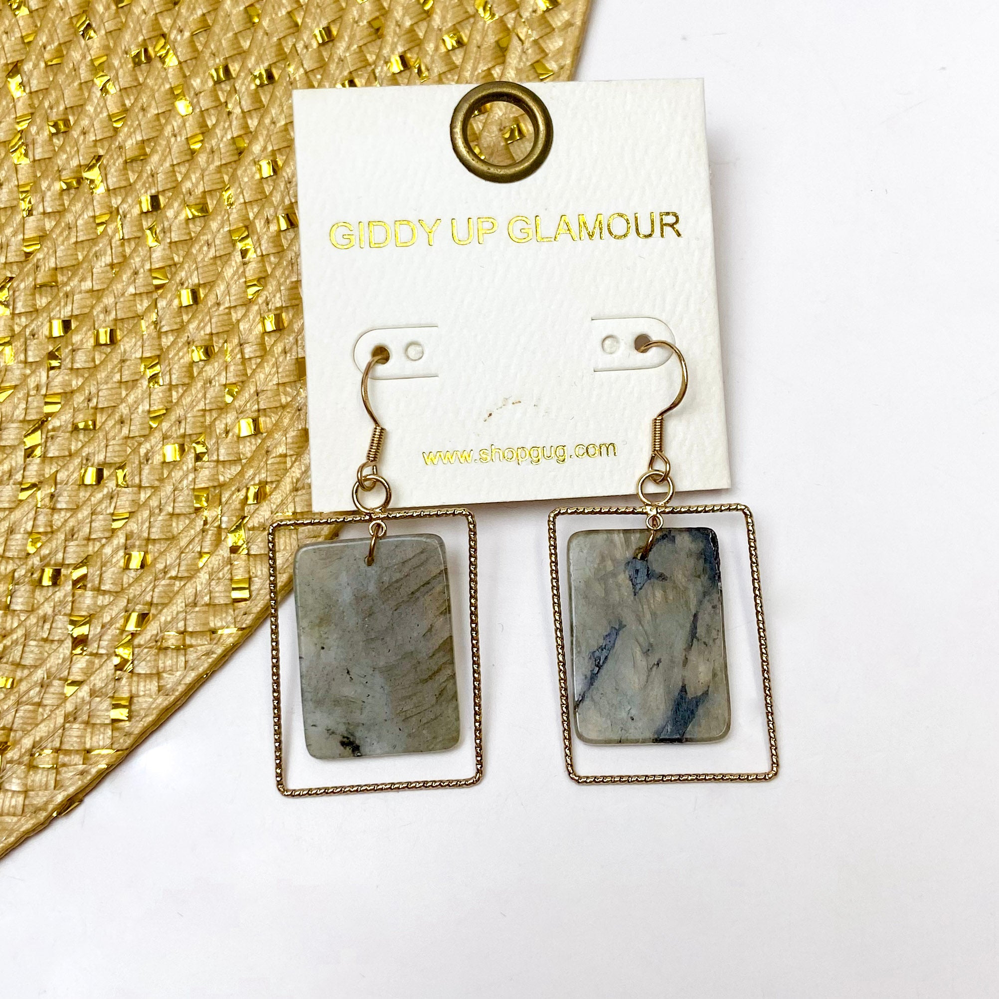 Gold Wire Rectangle Earrings with Labradorite Pendant