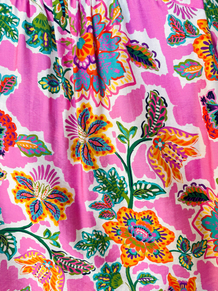 Color Me Happy Floral Print Midi Dress with Tie Neckline and Puff Sleeves in Pink