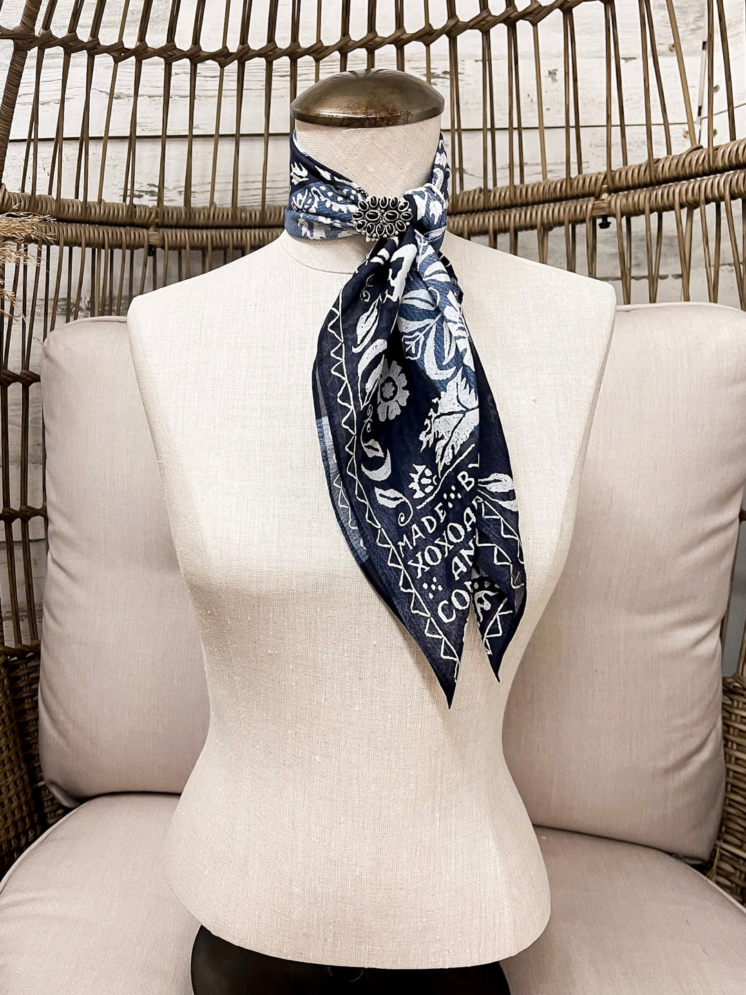 XOXO Art & Co | Woven Coverlet Shorty Wild Rag Scarf in Navy Blue