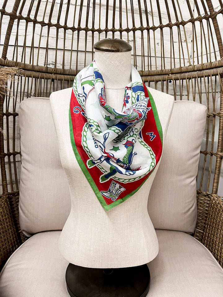 XOXO Art & Co | Greetings from the Rodeo Print Shorty Wild Rag Scarf in Ivory, Green, Red and Blue