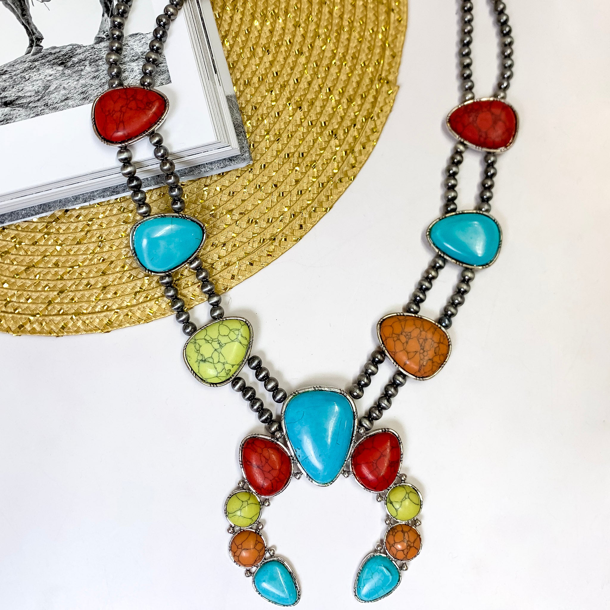 Multicolor Double Strand Faux Navajo Pearl Necklace with Faux Turquoise Naja Pendant