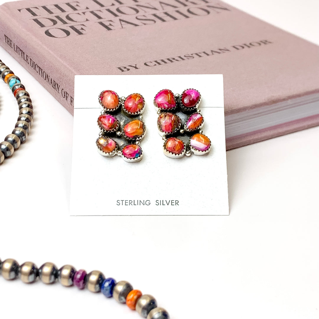 Hada Collection | Handmade Sterling Silver Rectangle Stone Cluster Earrings with Pink Dahlia Stones - Giddy Up Glamour Boutique