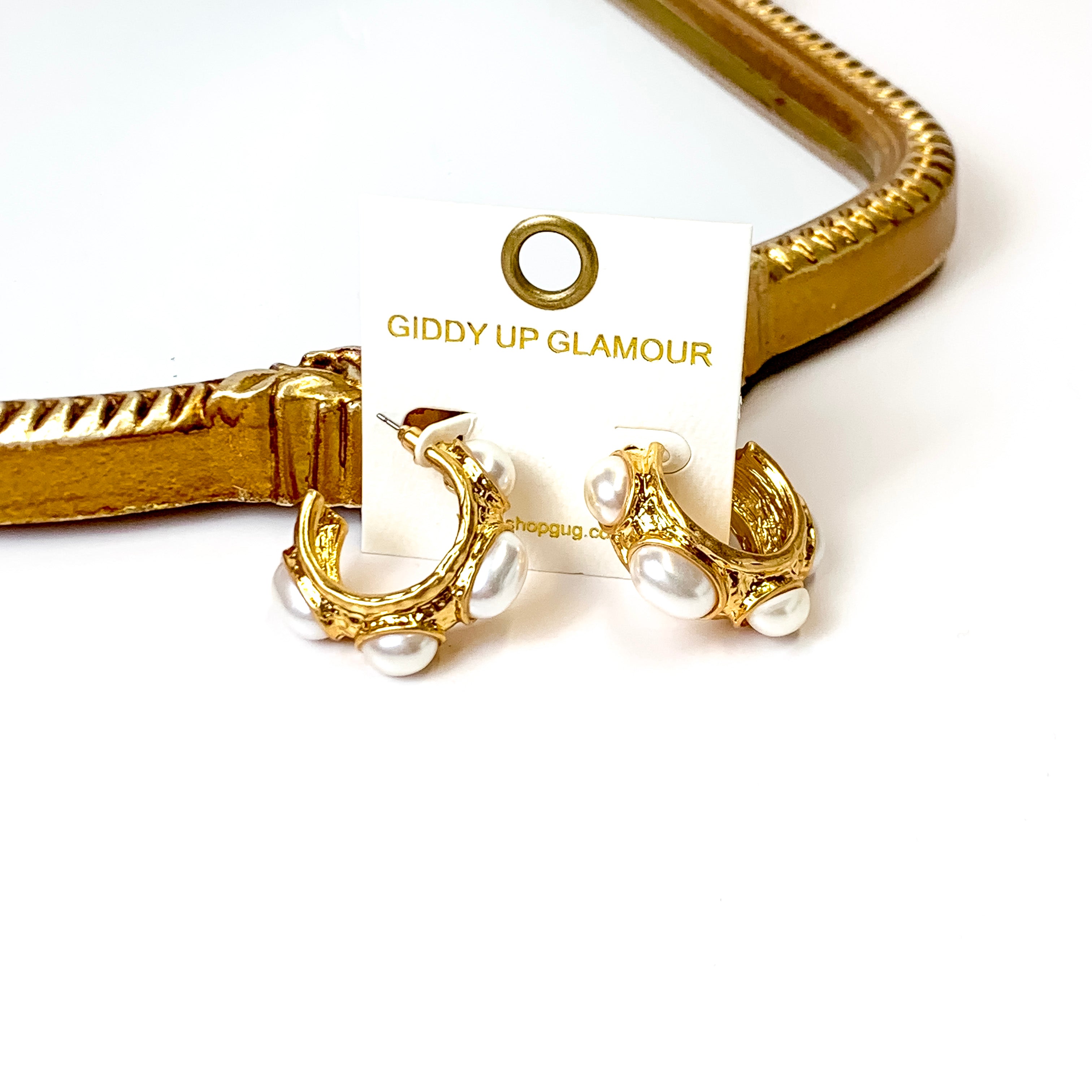 Gold Tone Pearl Studded Hoop Earrings - Giddy Up Glamour Boutique