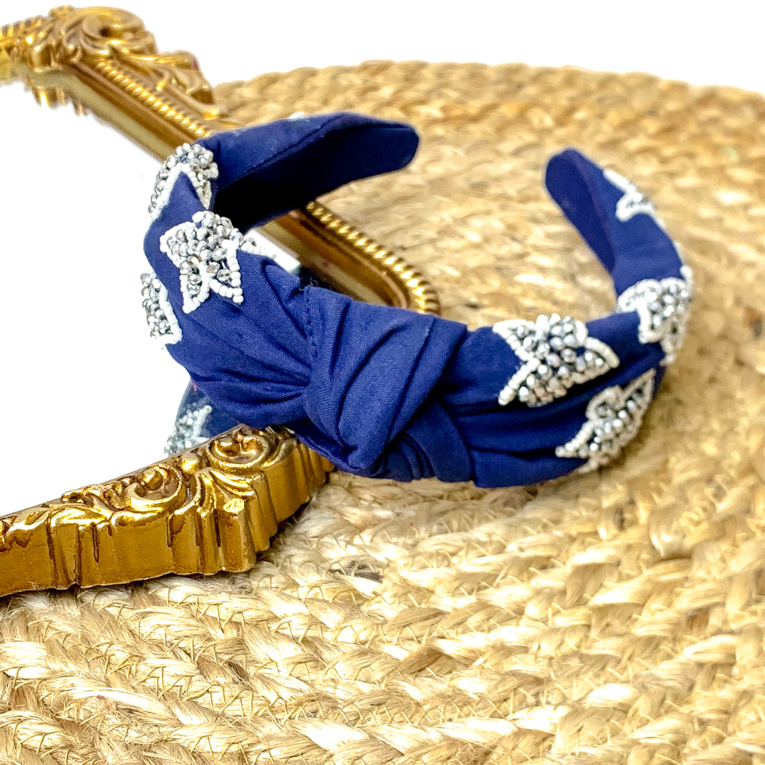 Team Spirit Navy Blue Knot Headband with Silver and White Seed Bead Stars - Giddy Up Glamour Boutique