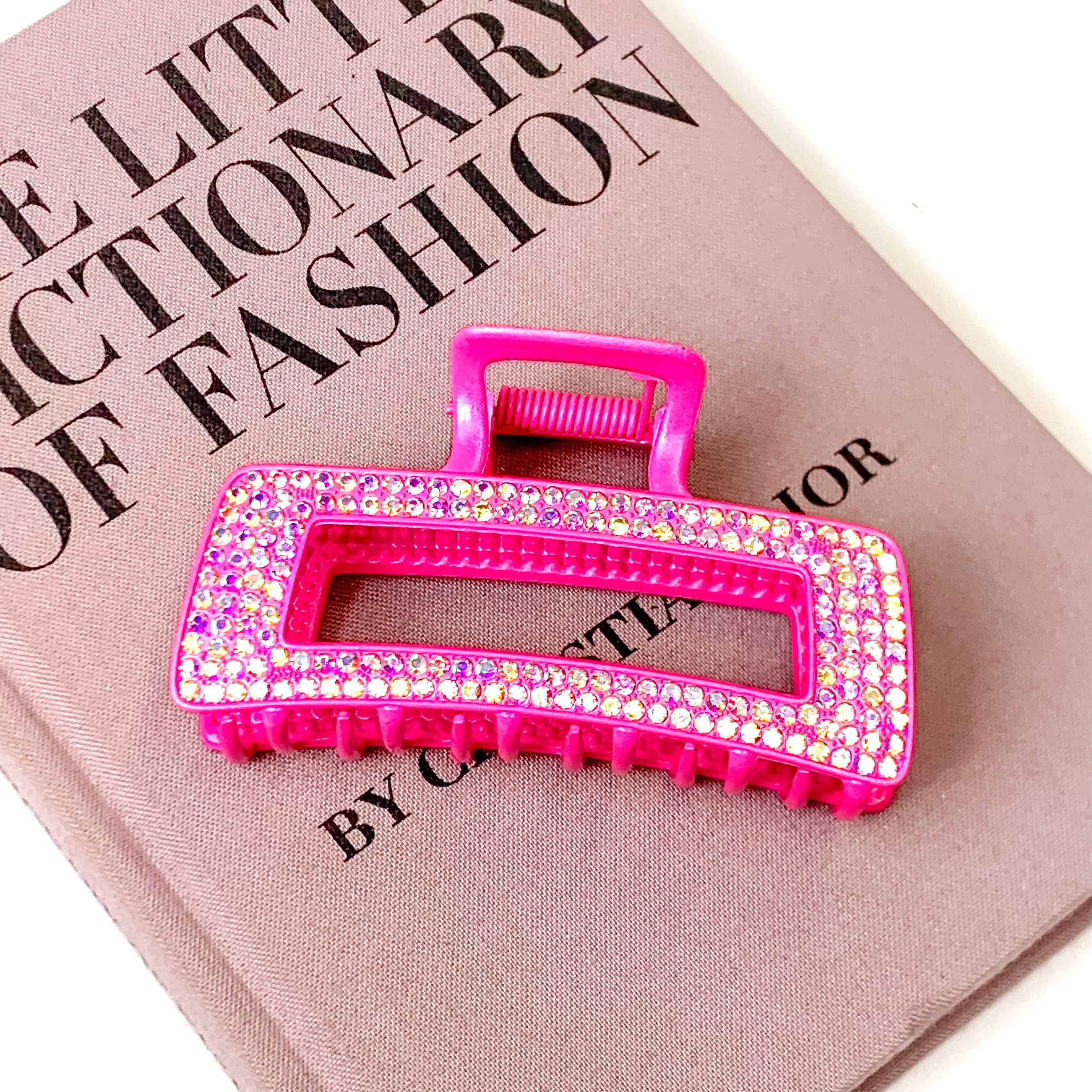 AB Crystal Embellished Metal Rectangle Hair Clip in Fuchsia Pink - Giddy Up Glamour Boutique