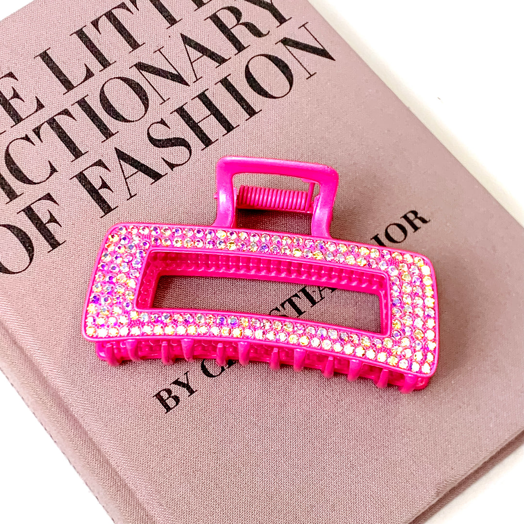 AB Crystal Embellished Metal Rectangle Hair Clip in Fuchsia Pink - Giddy Up Glamour Boutique