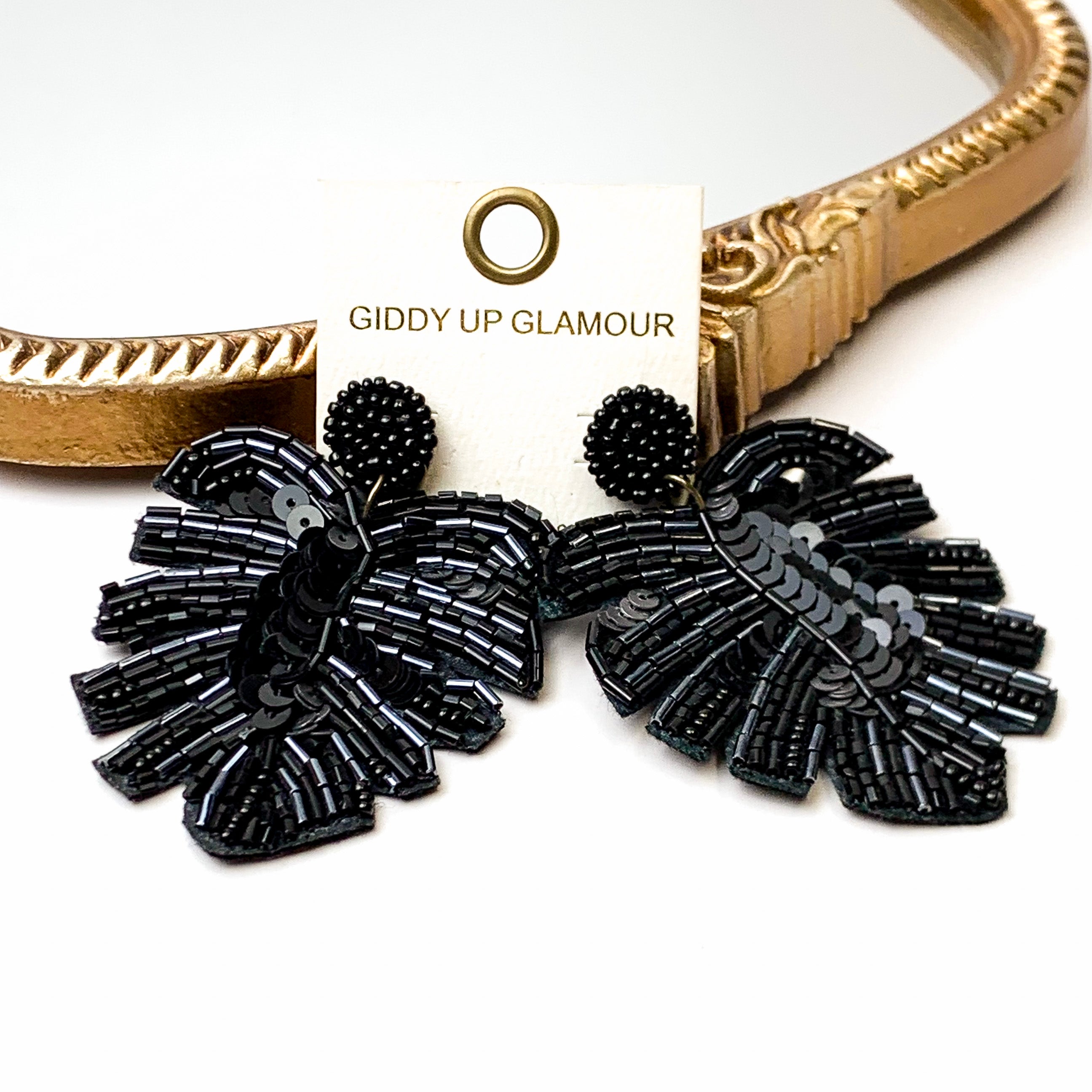 Beaded Palm Leaf Statement Earrings in Black - Giddy Up Glamour Boutique