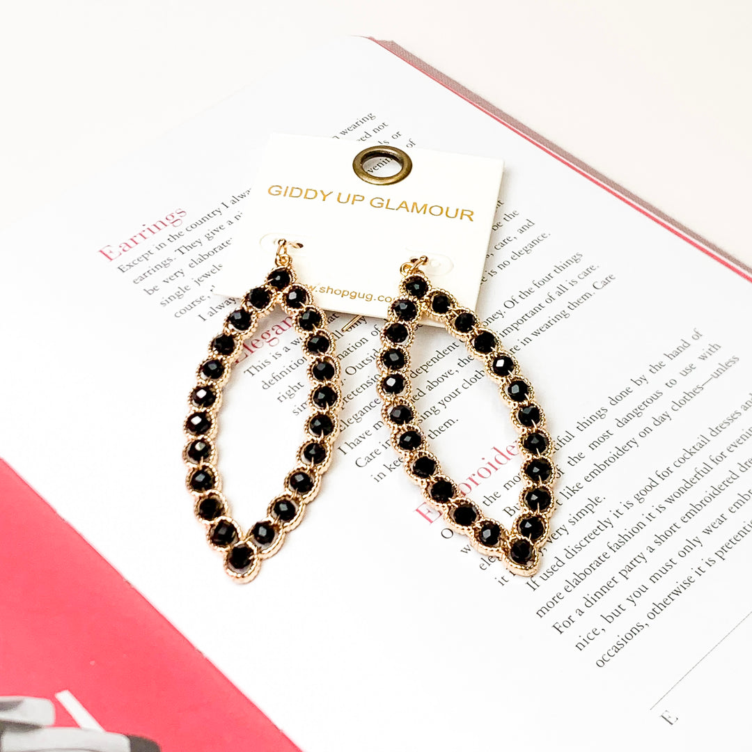 Gold Tone Wire Ellipse Earrings with Black Crystal Beads - Giddy Up Glamour Boutique