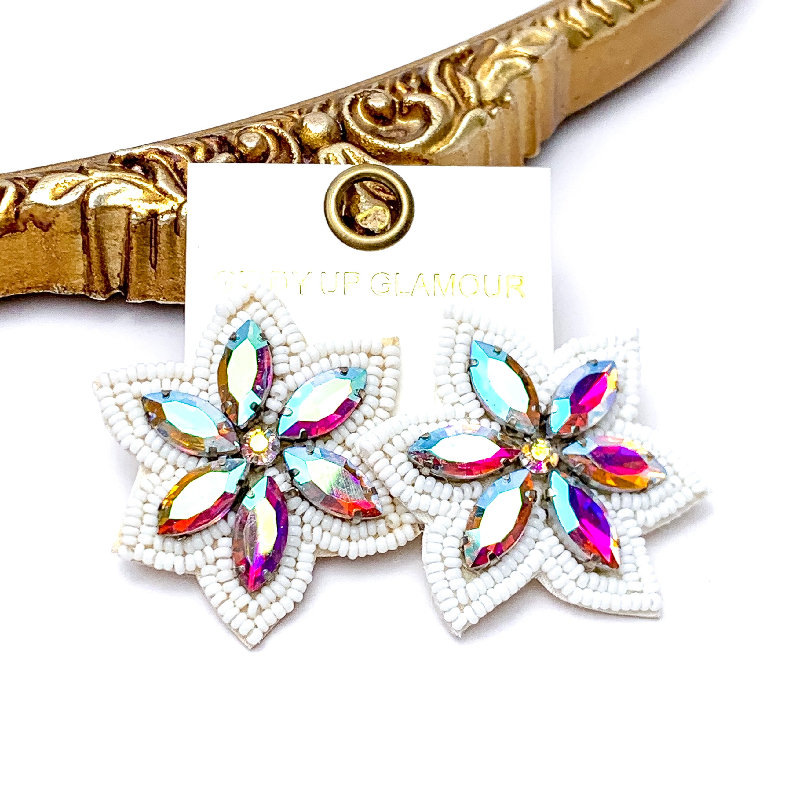 Prismatic Petals Seed Bead Flower Stud Earrings with AB stones in White