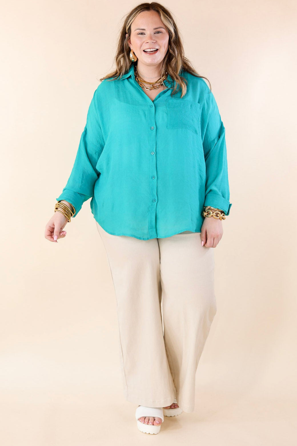 Look on the Bright Side Button Up Long Sleeve in Turquoise Blue