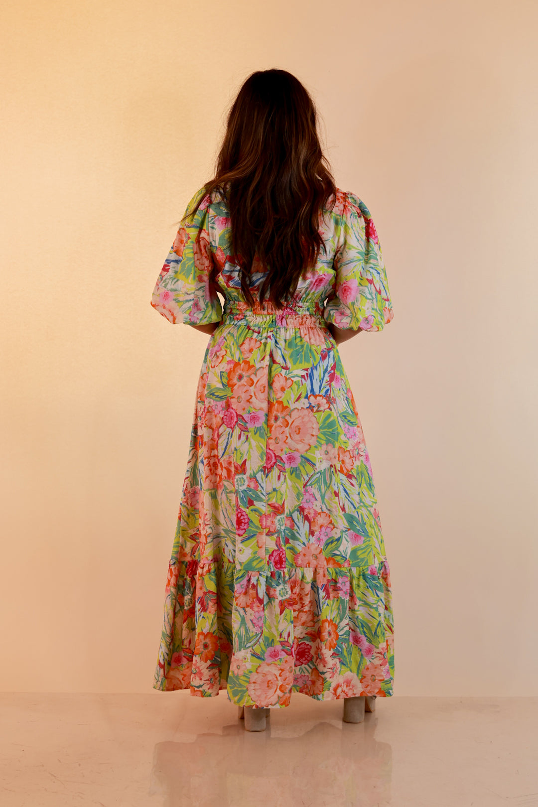 Reserved for Brunch Puff Sleeve Smocked Waist Floral Maxi Dress in Green Multi