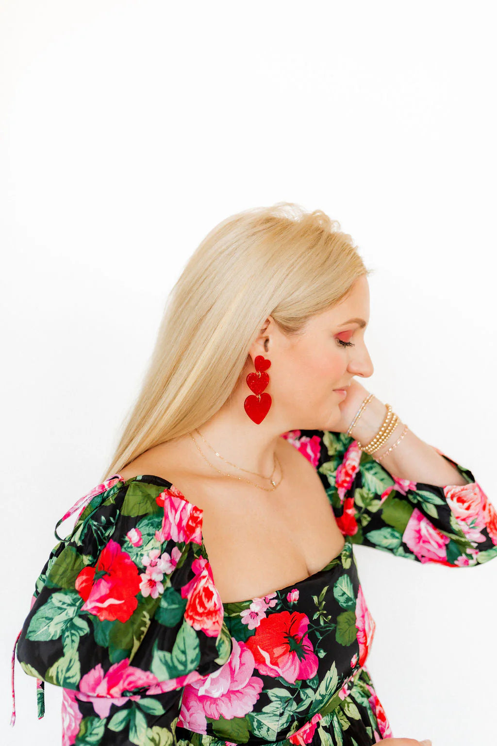 Linny Co | Penny Triple Tier Heart Drop Earrings in Hot Tamale Red