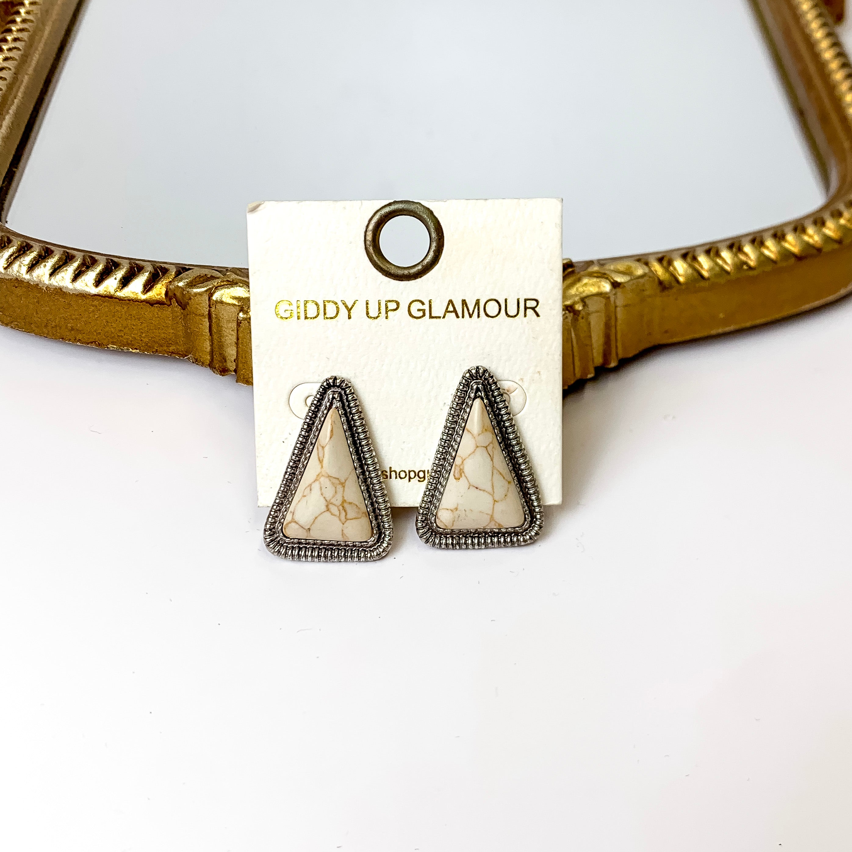 Western Silver Tone Faux Triangle Stone Earrings in Ivory - Giddy Up Glamour Boutique