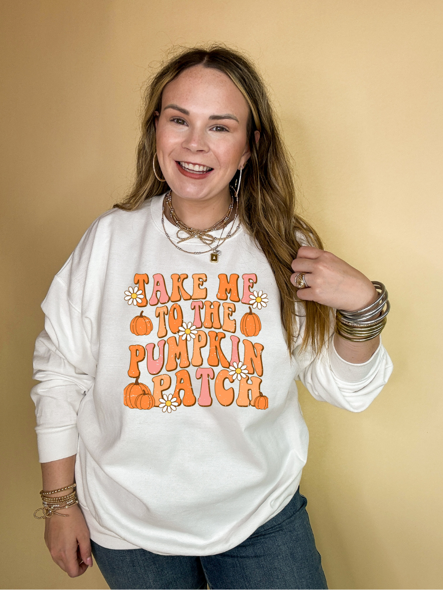 Online Exclusive | Take Me to The Pumpkin Patch Graphic Sweatshirt with Flowers and Pumpkins in Multiple Color Options