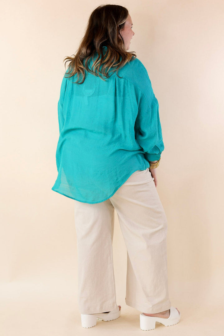 Look on the Bright Side Button Up Long Sleeve in Turquoise Blue