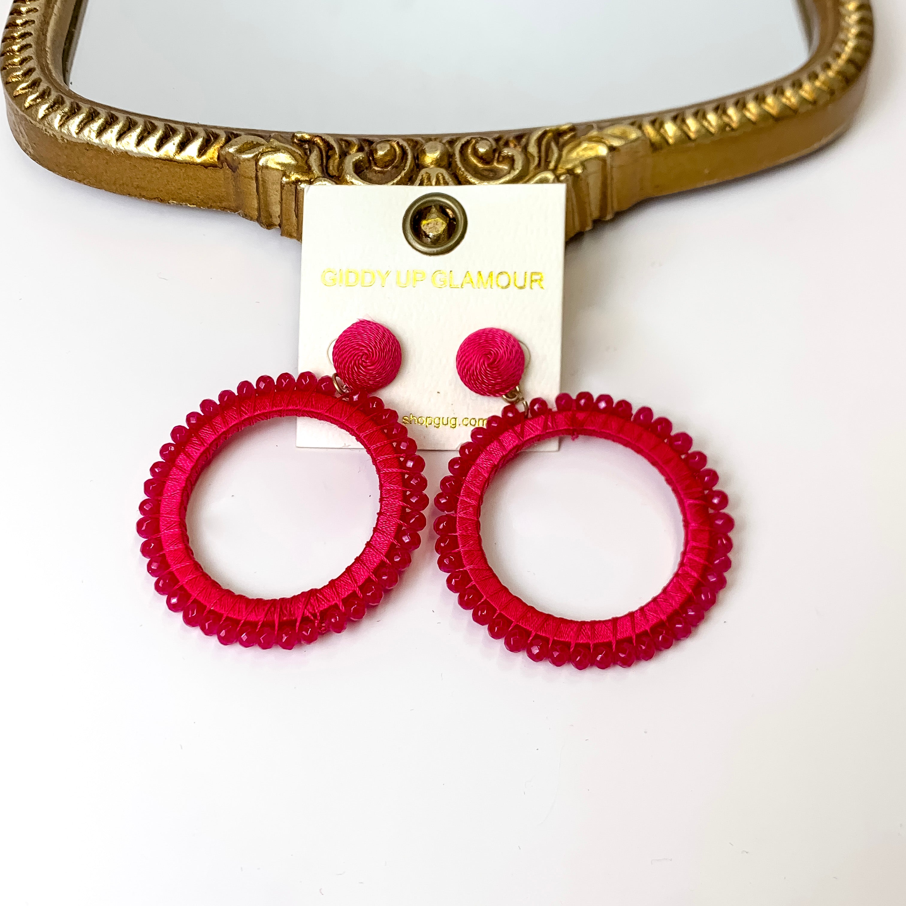 Somewhere Sunny Post Back Circle Drop Earrings with Beads in Fuchsia Pink - Giddy Up Glamour Boutique