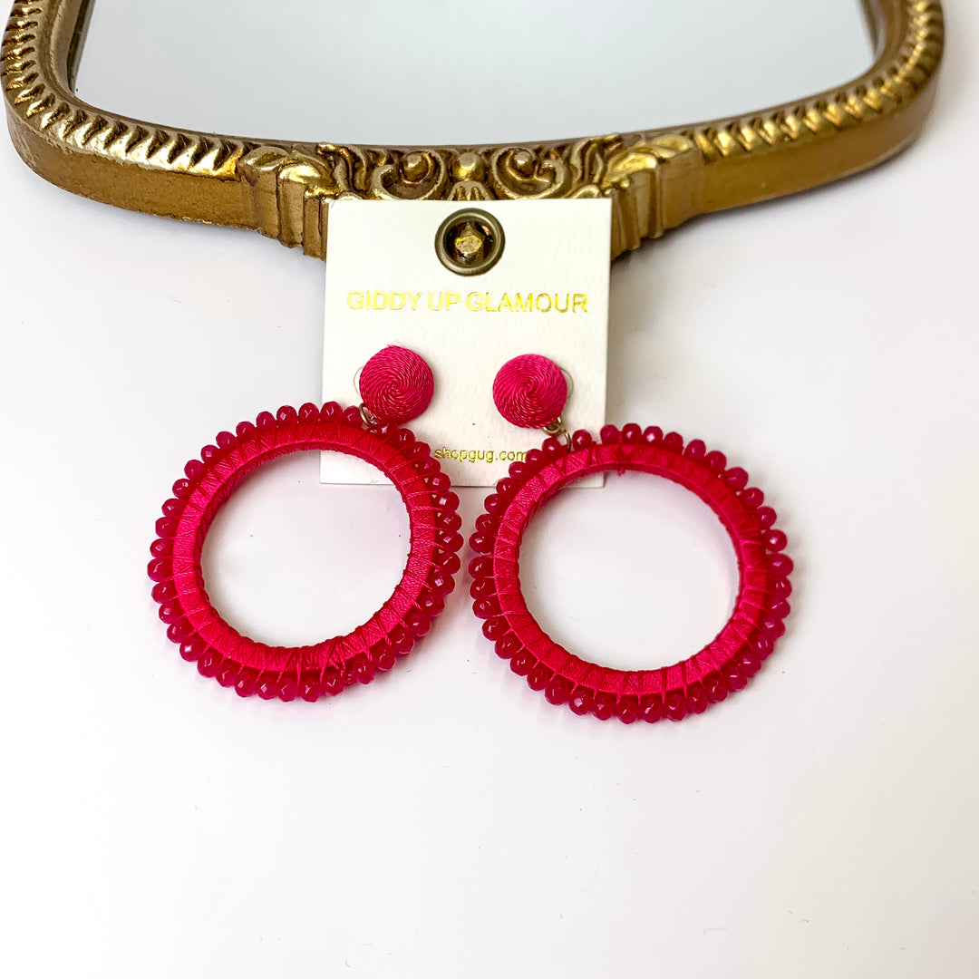 Somewhere Sunny Post Back Circle Drop Earrings with Beads in Fuchsia Pink - Giddy Up Glamour Boutique