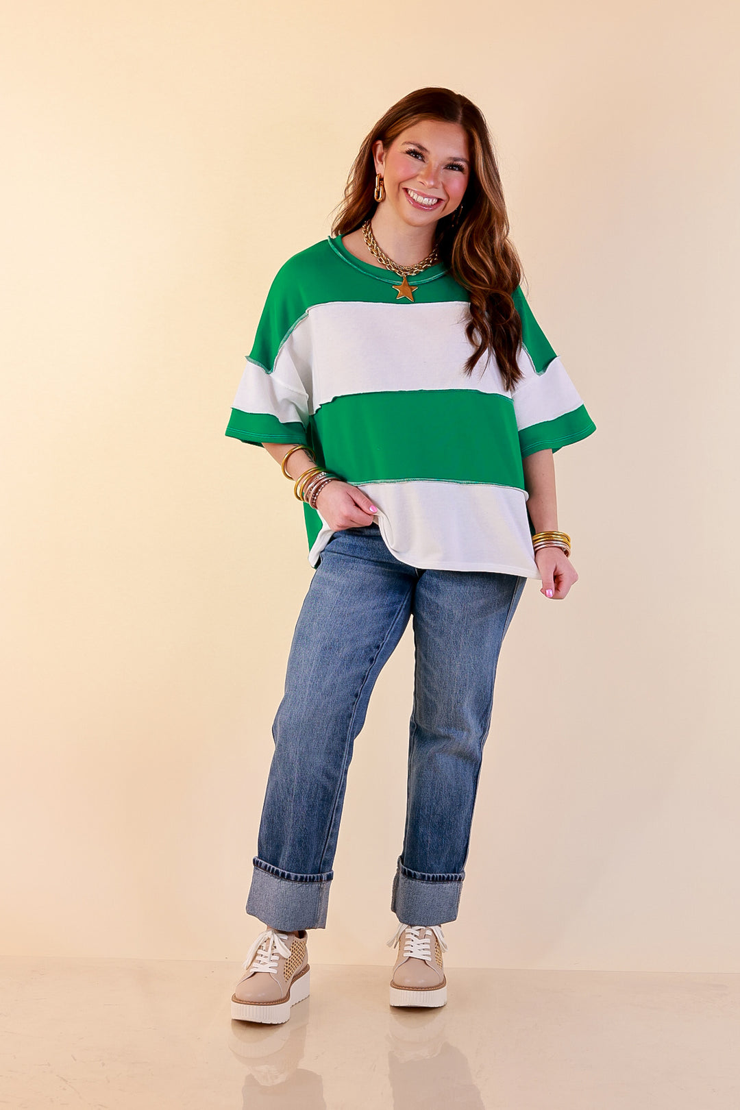 Simply Striking Color Block Rugby Style Wide Stripe Relaxed Short Sleeve Top in Kelly Green