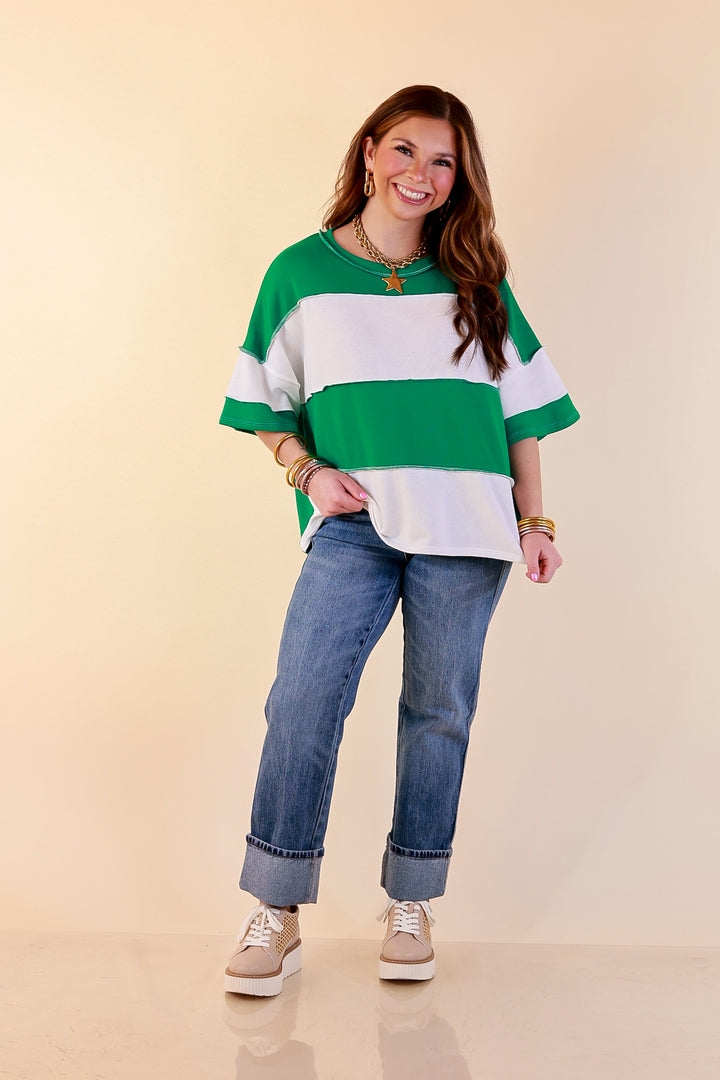 Simply Striking Color Block Rugby Style Wide Stripe Relaxed Short Sleeve Top in Kelly Green