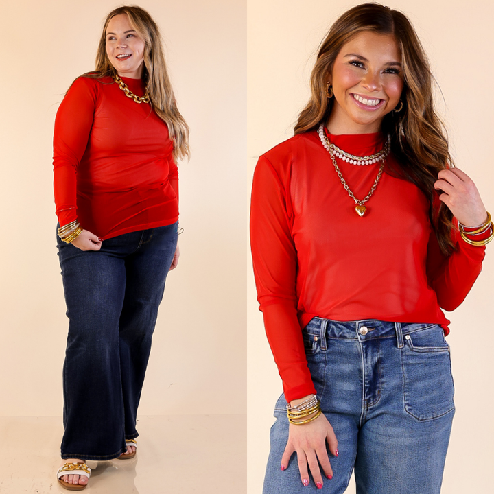 Sheer Confidence Solid Mesh Long Sleeve Top in Red