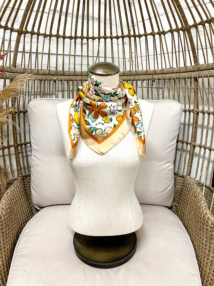 Retro Meadow Floral Print Silk Feel Square Scarf in Taupe, Rust and Teal