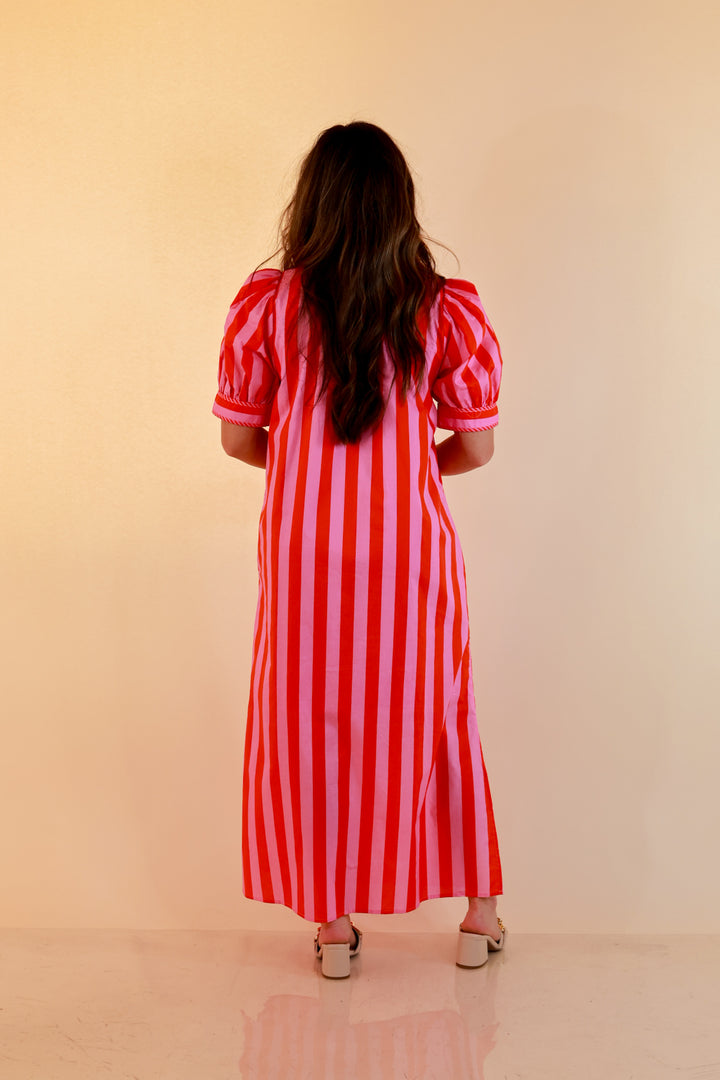 Strut and Shine Stripe Midi Dress with Button Front Detail and Puff Sleeves in Pink and Red