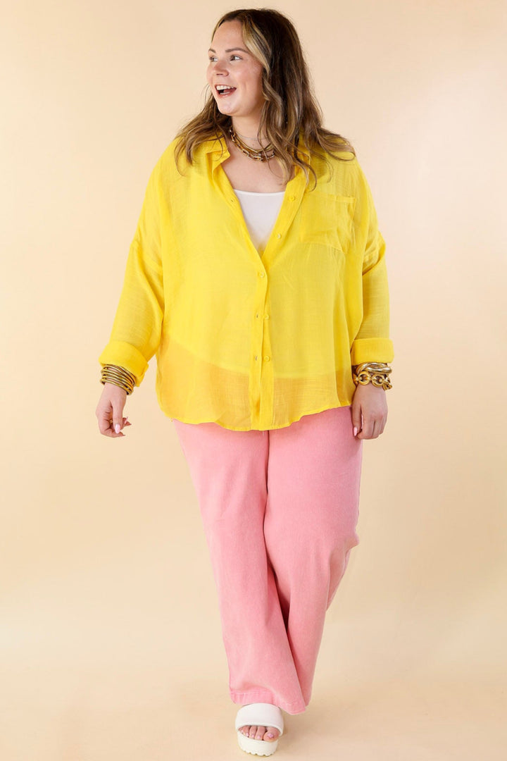 Look on the Bright Side Button Up Long Sleeve in Lemon Yellow - Giddy Up Glamour Boutique