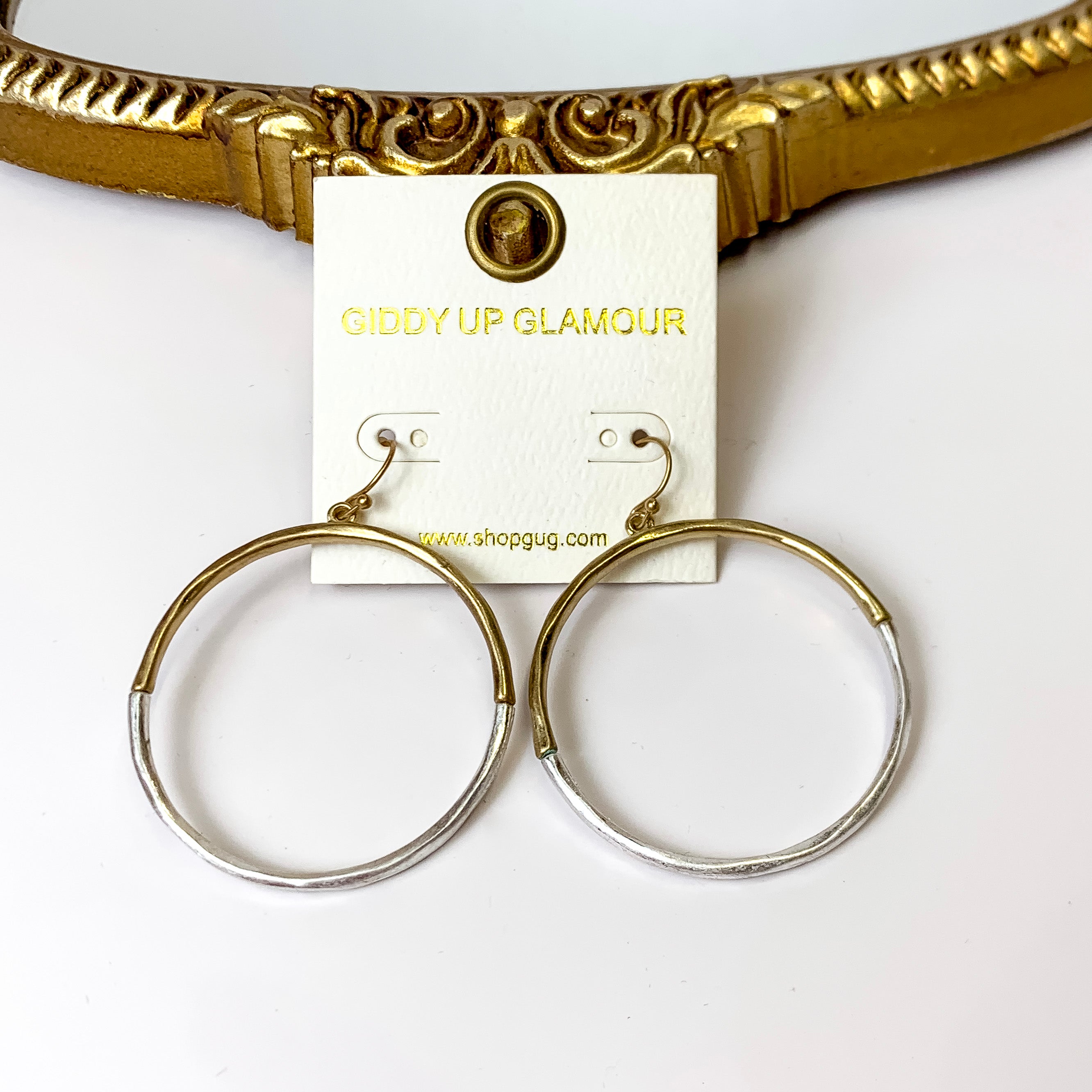 Fun and Done Two Toned Hammered Textured Circle Drop Earrings in Gold and Silver - Giddy Up Glamour Boutique