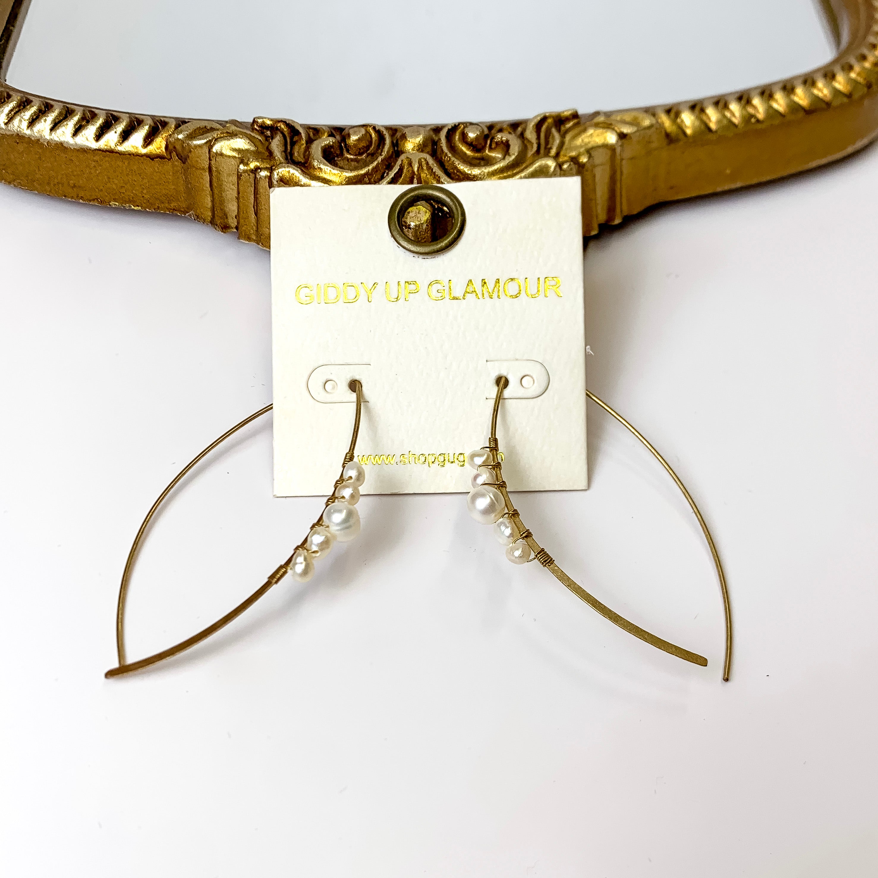 Thin Gold Tone Almond Hoop Earrings with Pearl Accents - Giddy Up Glamour Boutique