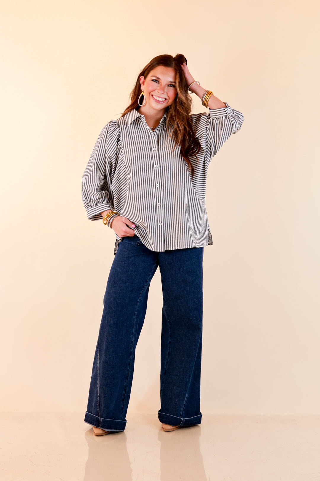 Crisp and Collected Stripe Button Front Collared Top with Puff Short Sleeves in Black and White