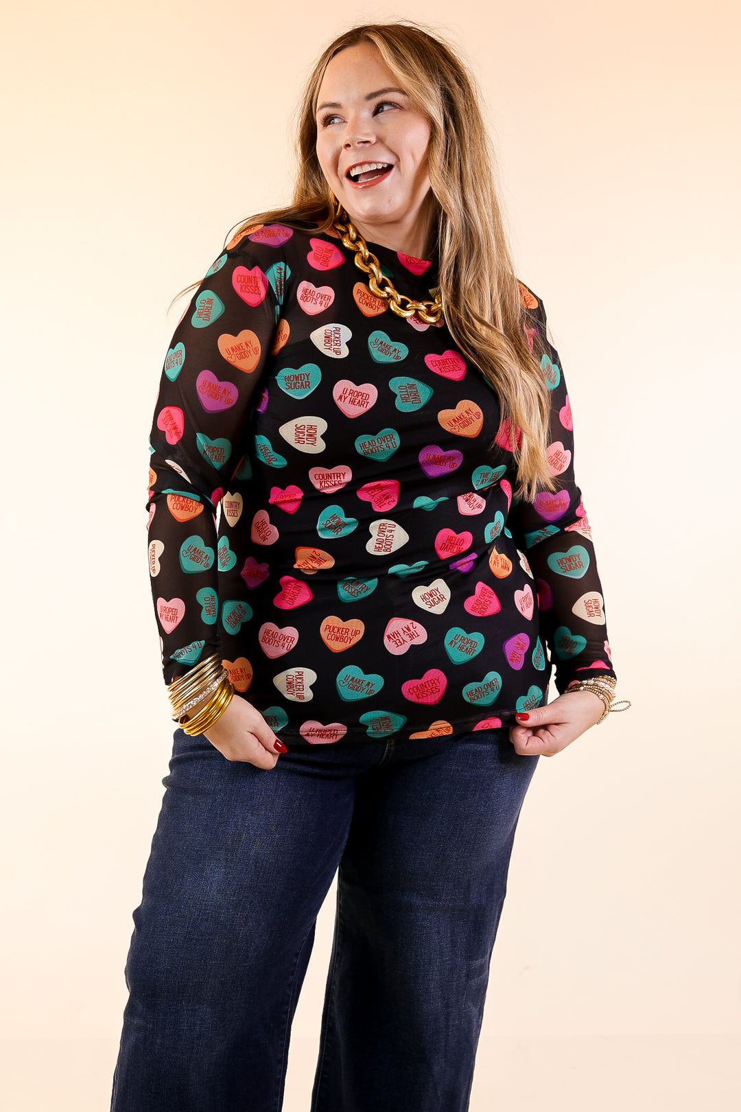 Sheer Confidence Western Theme Conversation Heart Print Mesh Long Sleeve Top in Black