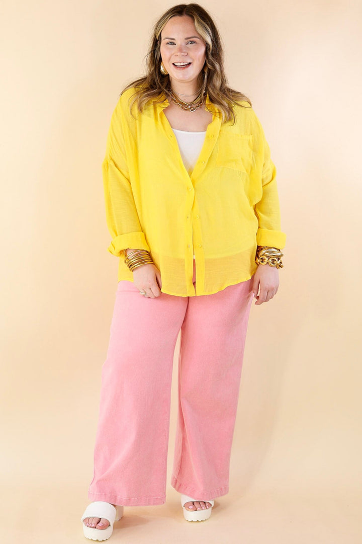 Look on the Bright Side Button Up Long Sleeve in Lemon Yellow - Giddy Up Glamour Boutique