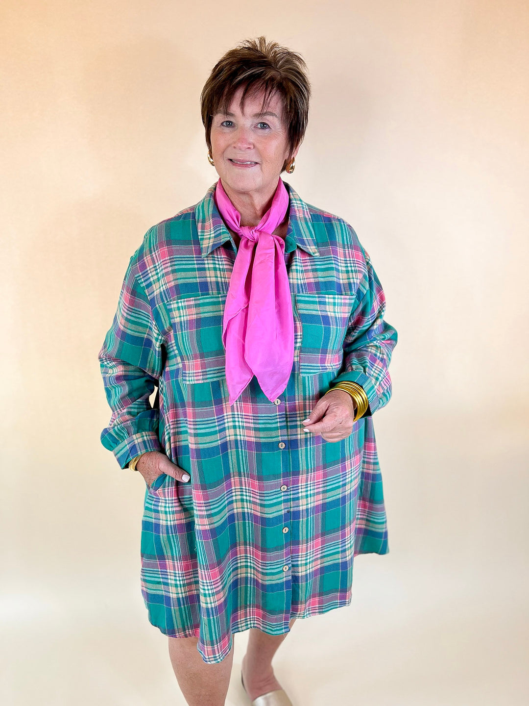 Vibrant Lifestyle Plaid Button Up Dress in Teal and Pink