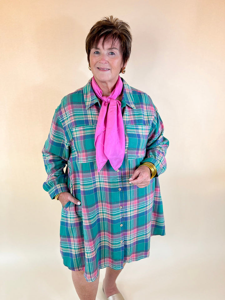 Vibrant Lifestyle Plaid Button Up Dress in Teal and Pink