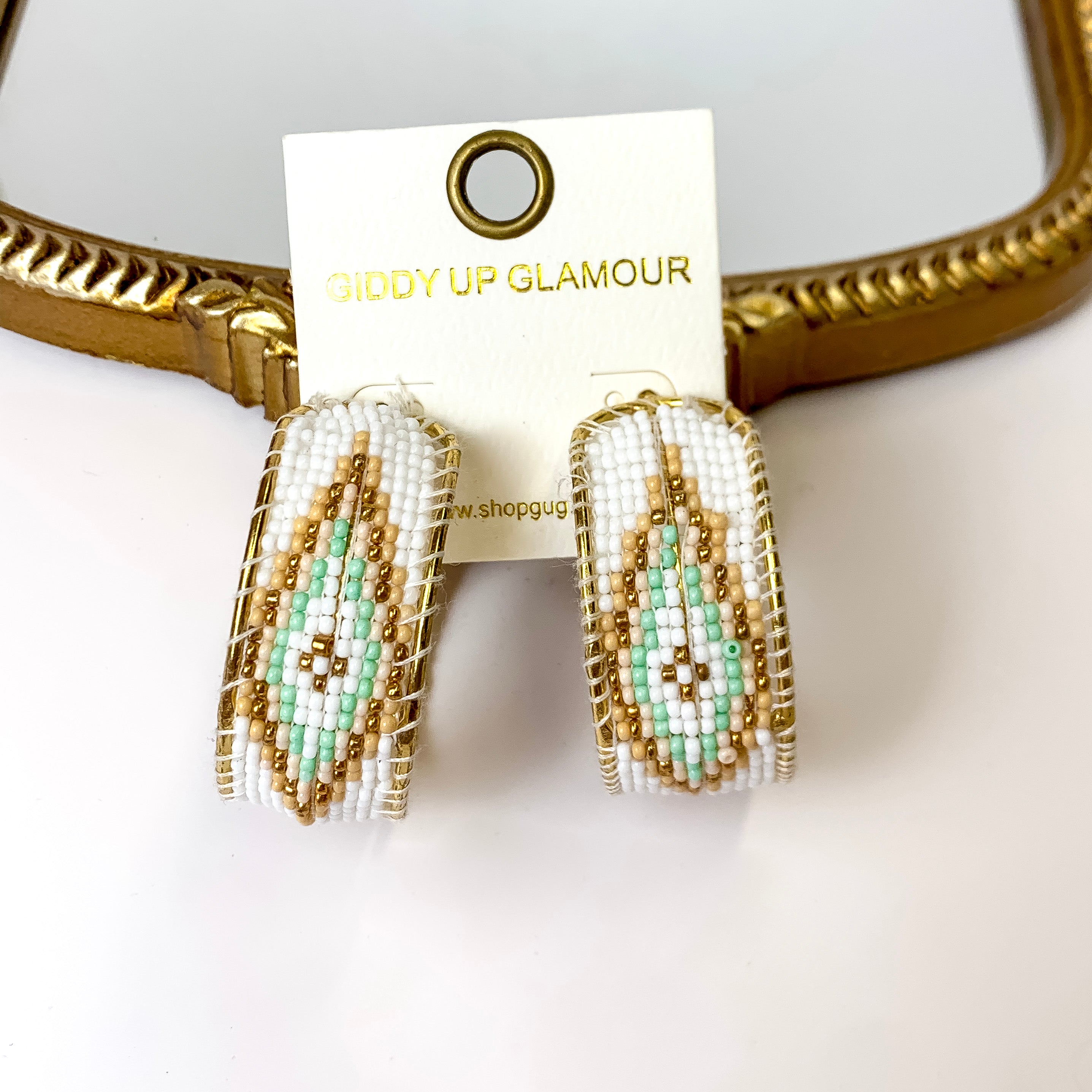 Aztec Design Beaded Hoop Earrings in White - Giddy Up Glamour Boutique