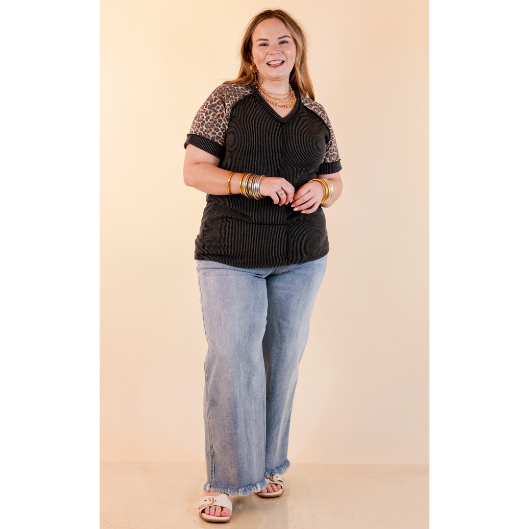 Easy Attraction Waffle Knit V Neck Top with Leopard Print Sleeves in Black