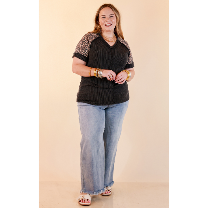 Easy Attraction Waffle Knit V Neck Top with Leopard Print Sleeves in Black