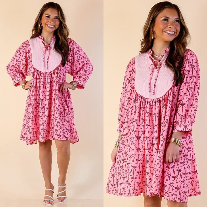 Simply Southern | Charming as Ever Red Bow and Heart Print Dress with Pink Pinstripe Front Yoke in Pink
