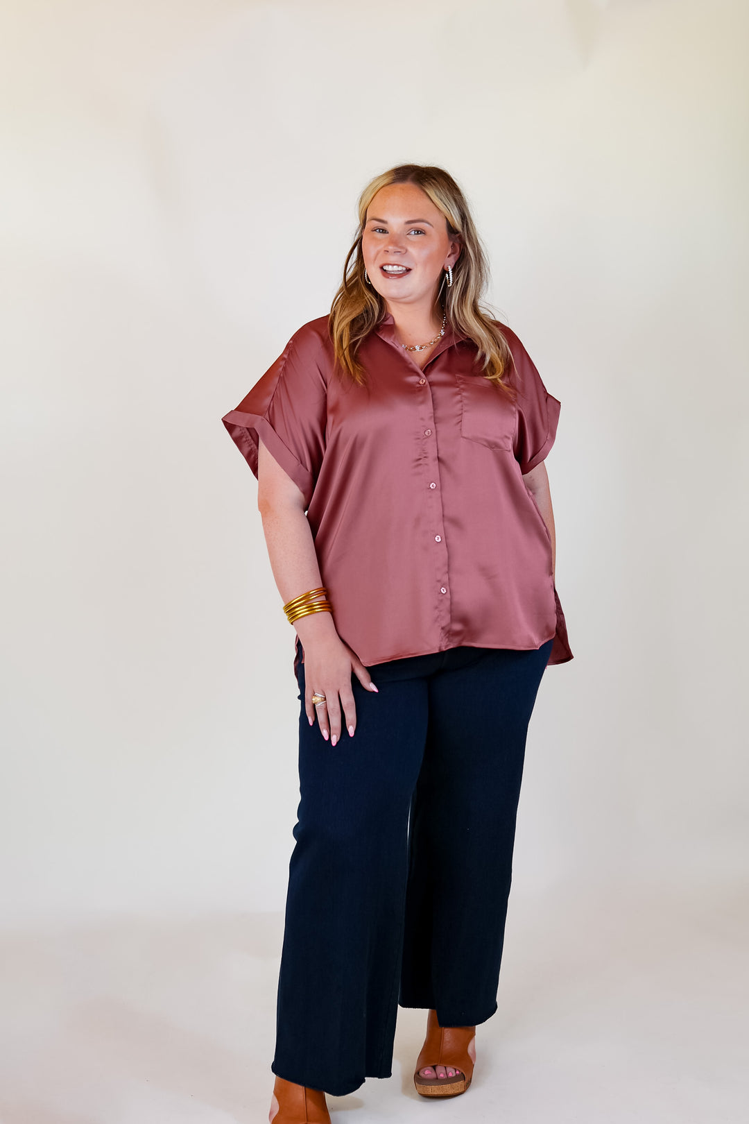 Free To Be Fab Button Up Short Sleeve Top in Mauve Pink - Giddy Up Glamour Boutique