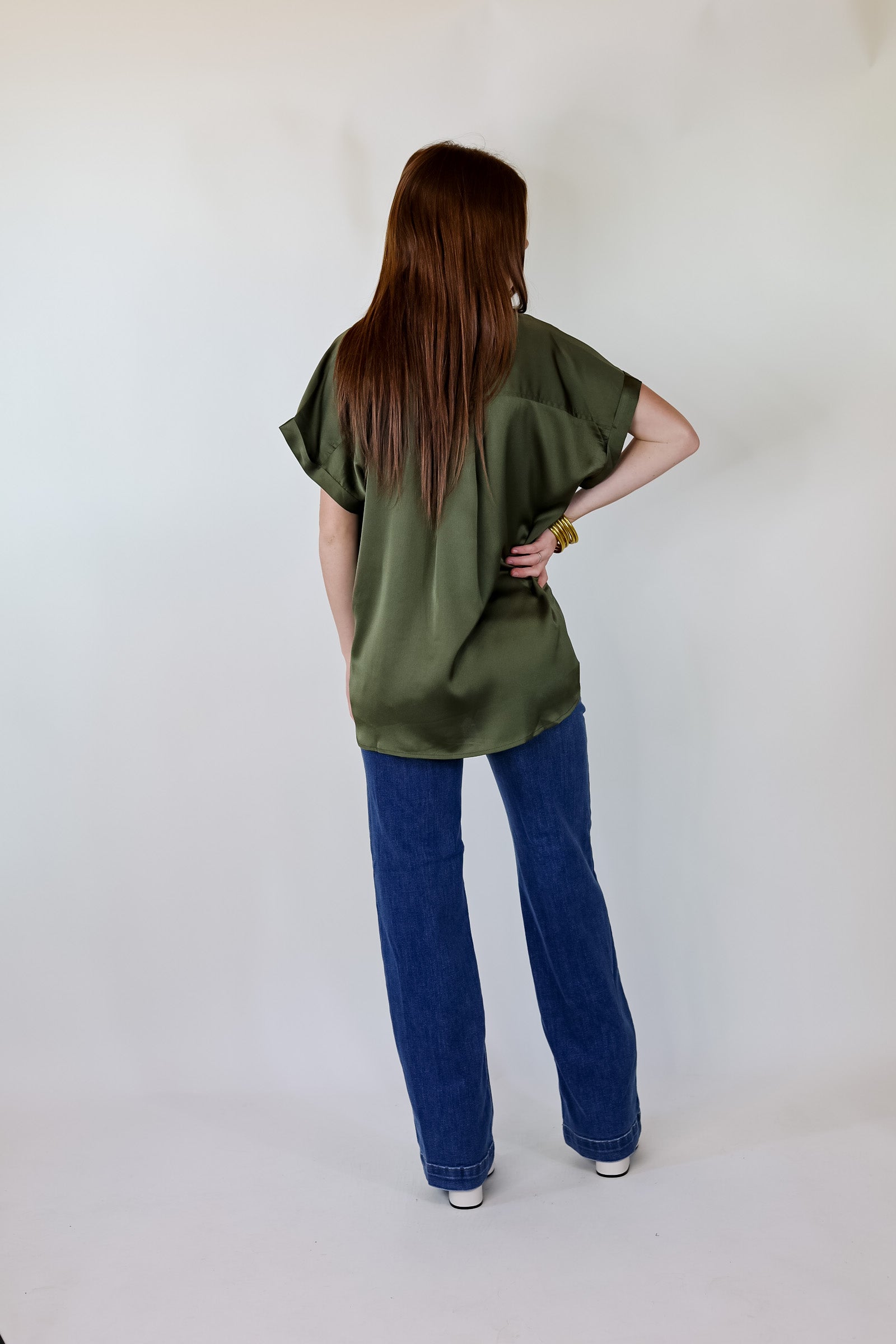 Free To Be Fab Button Up Short Sleeve Top in Olive Green - Giddy Up Glamour Boutique