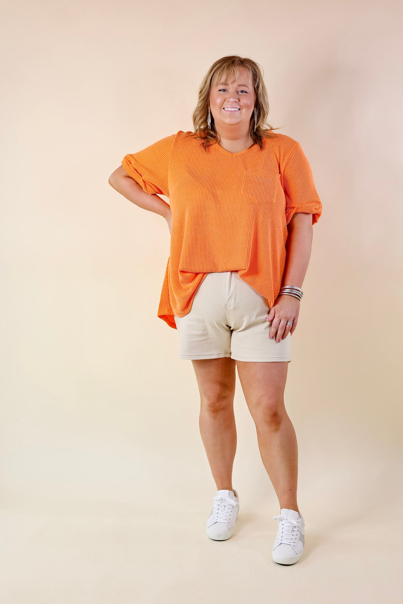 Only True Love Ribbed Short Sleeve Top with Front Pocket in Orange - Giddy Up Glamour Boutique
