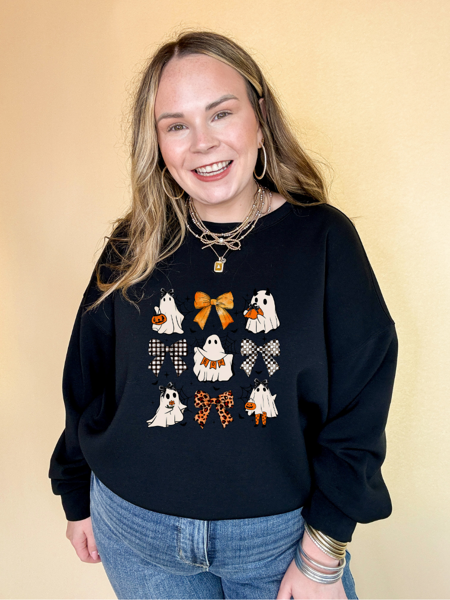 Online Exclusive | Boo-tiful Bow Icon and Trick Or Treating Ghost Graphic Sweatshirt in Multiple Color Options