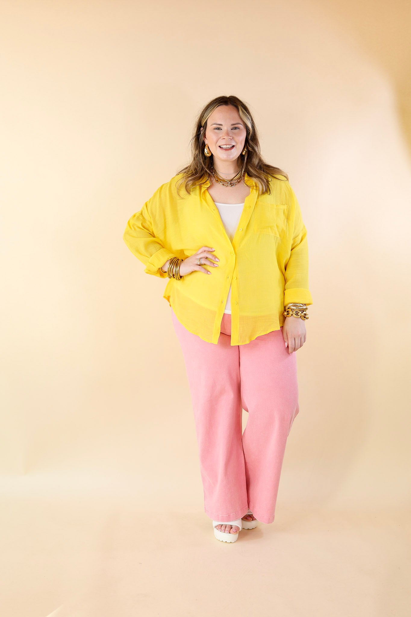 Look on the Bright Side Button Up Long Sleeve in Lemon Yellow - Giddy Up Glamour Boutique