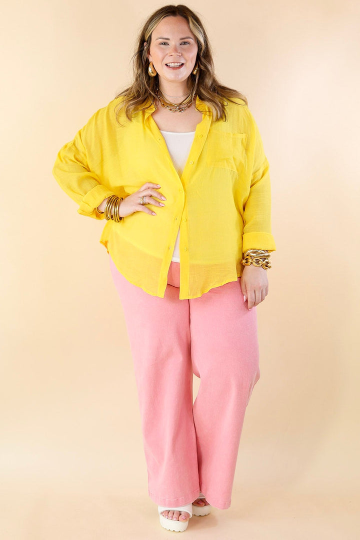 Look on the Bright Side Button Up Long Sleeve in Lemon Yellow - Giddy Up Glamour Boutique