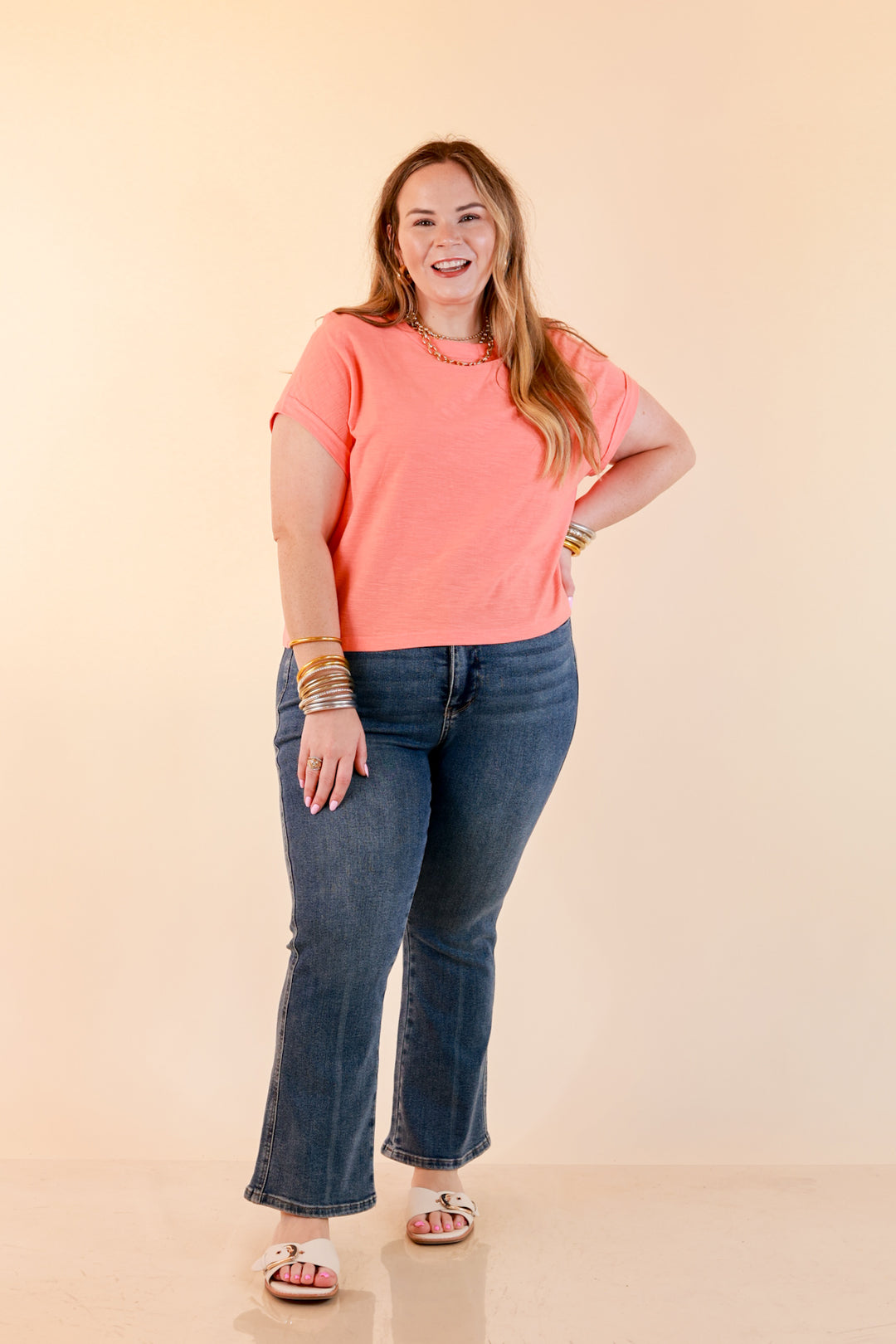 Laidback Luxe Rolled Drop Sleeve Relaxed Fit Basic Short Sleeve Top in Coral Orange