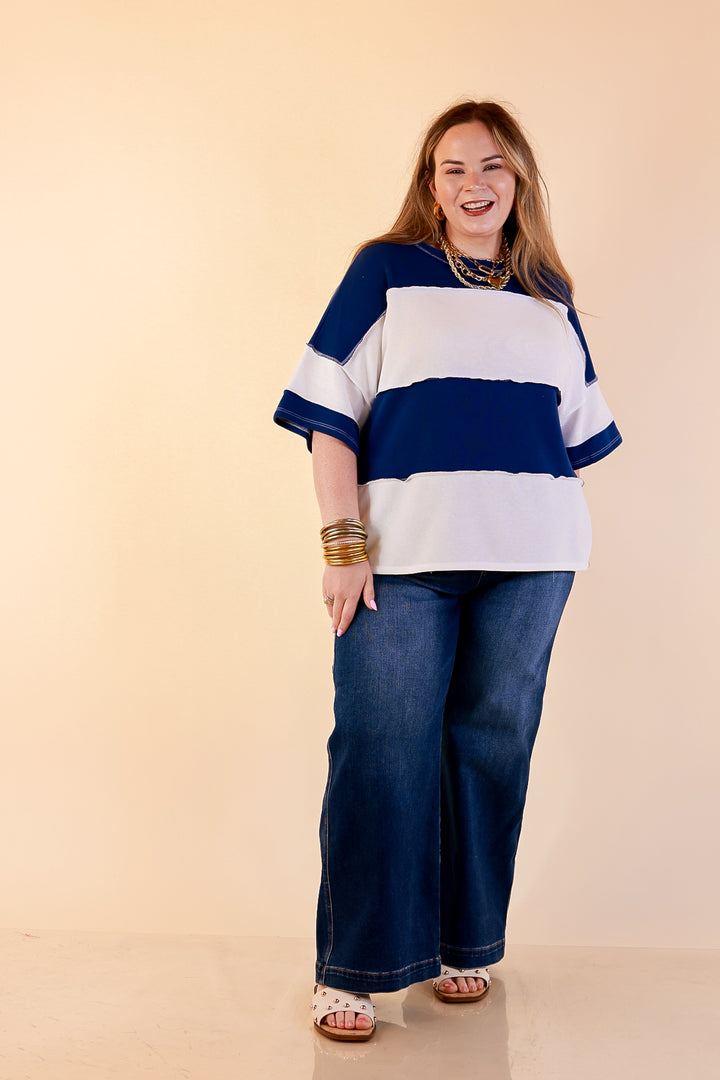 Simply Striking Color Block Rugby Style Wide Stripe Relaxed Short Sleeve Top in Navy Blue