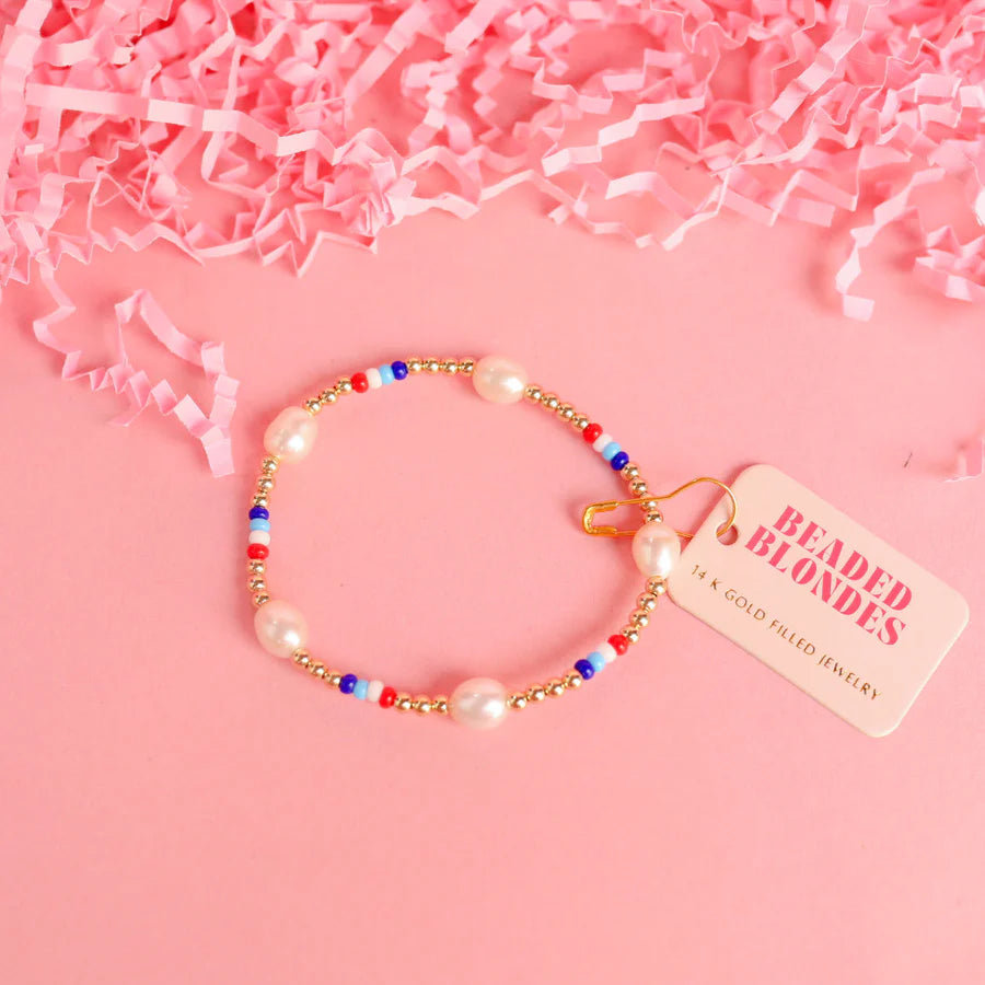 Beaded Blondes | Red, White & Blues Pearl Gold Stretchy Poppi Bracelet - Giddy Up Glamour Boutique